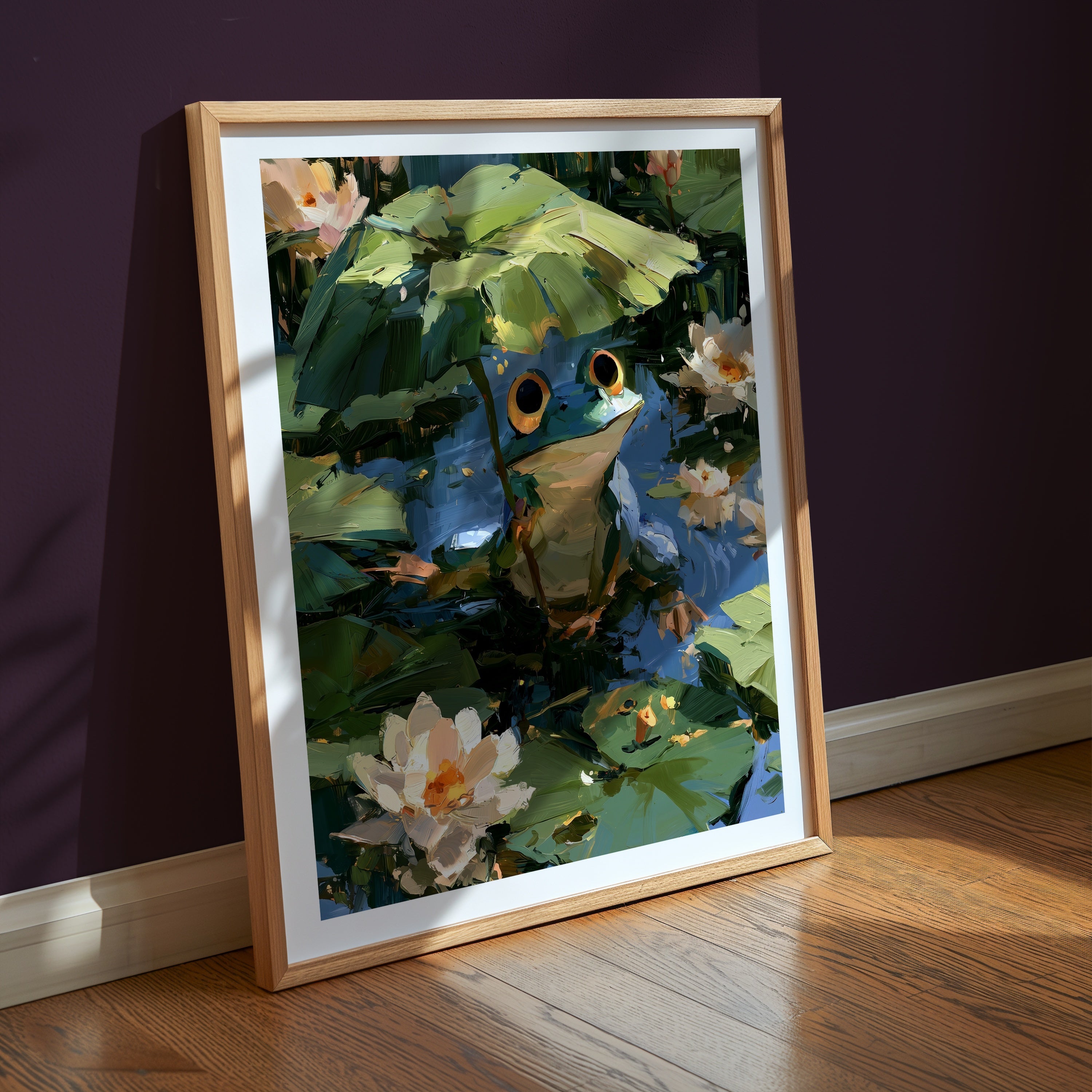 Frog in the Lily Pond Poster med passepartout i ram i inrett rum