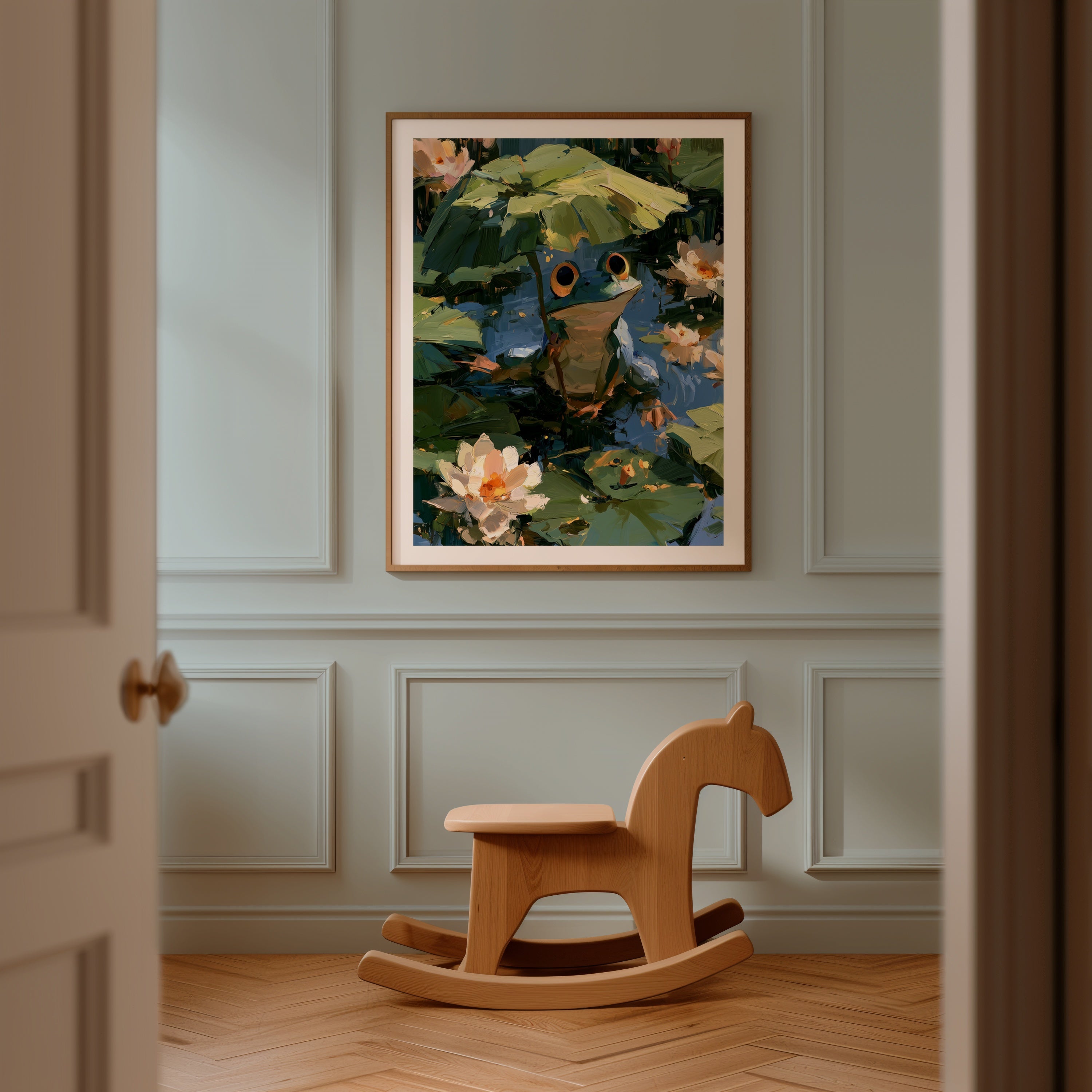 Frog in the Lily Pond Poster med passepartout i ram på vägg