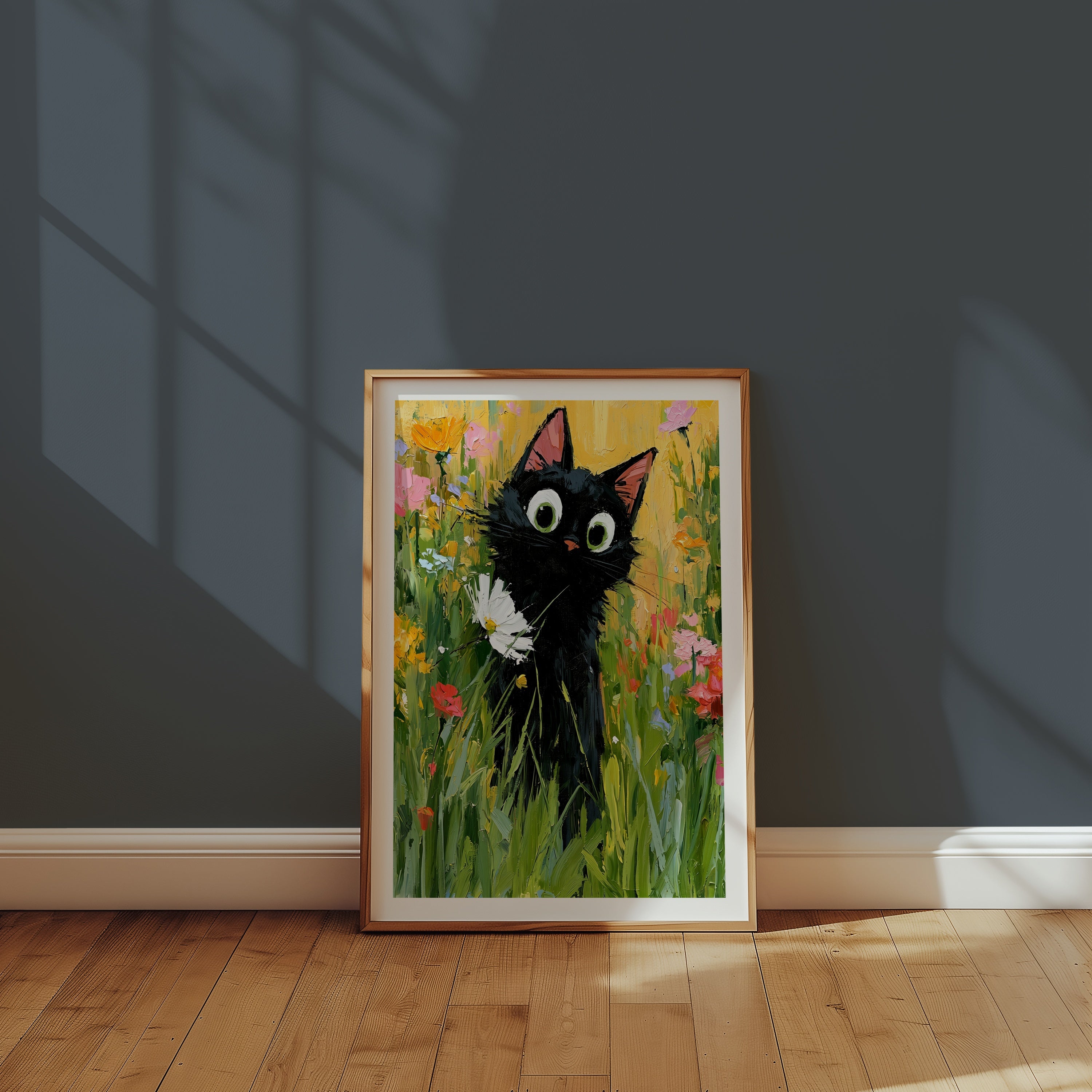 Garden Cat with White Flower Poster med passepartout på vägg