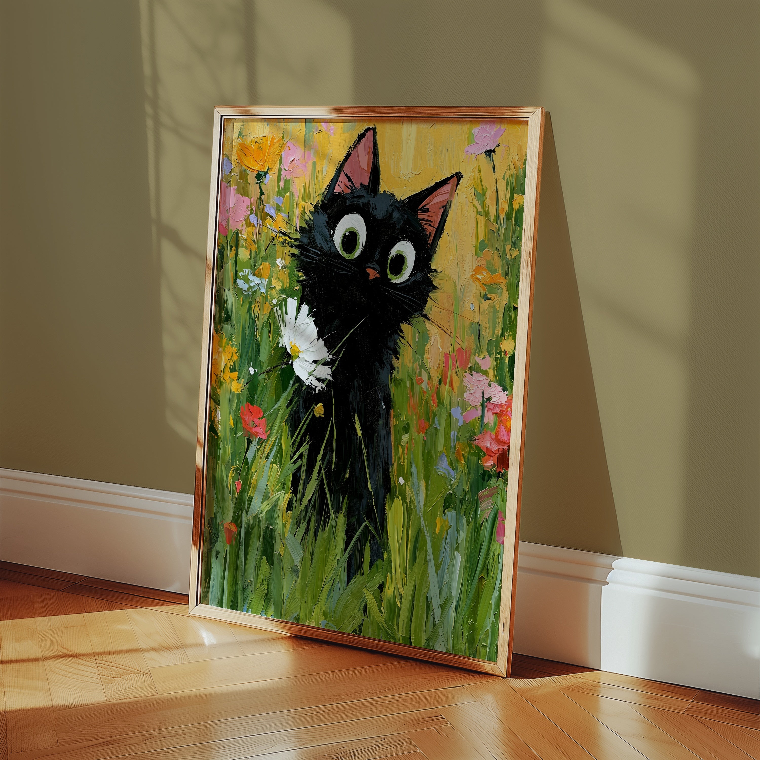 Garden Cat with White Flower Poster inramad i hemmiljö
