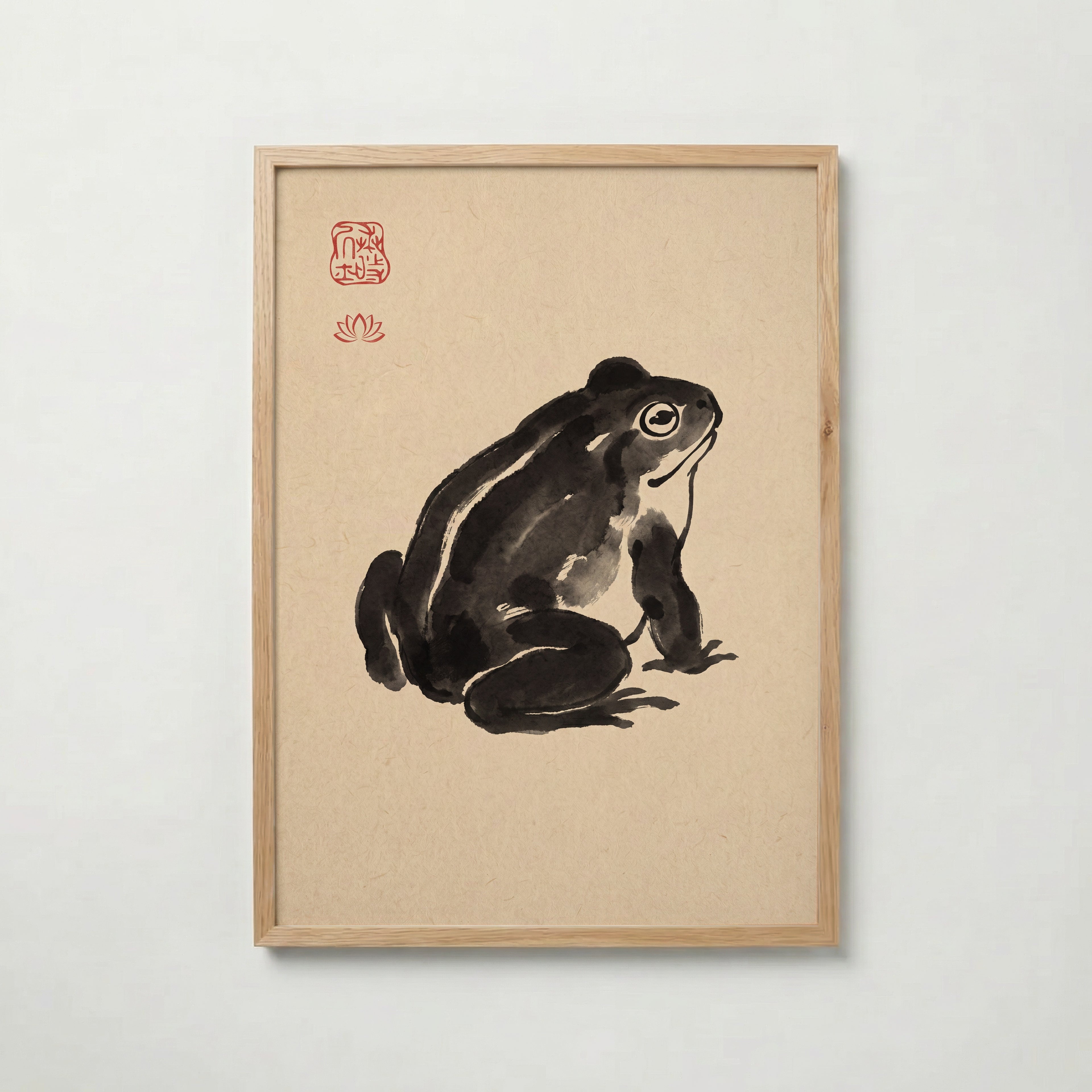 Ink Frog Poster i ek-ram, sumi-e groda på sandfärgat papper