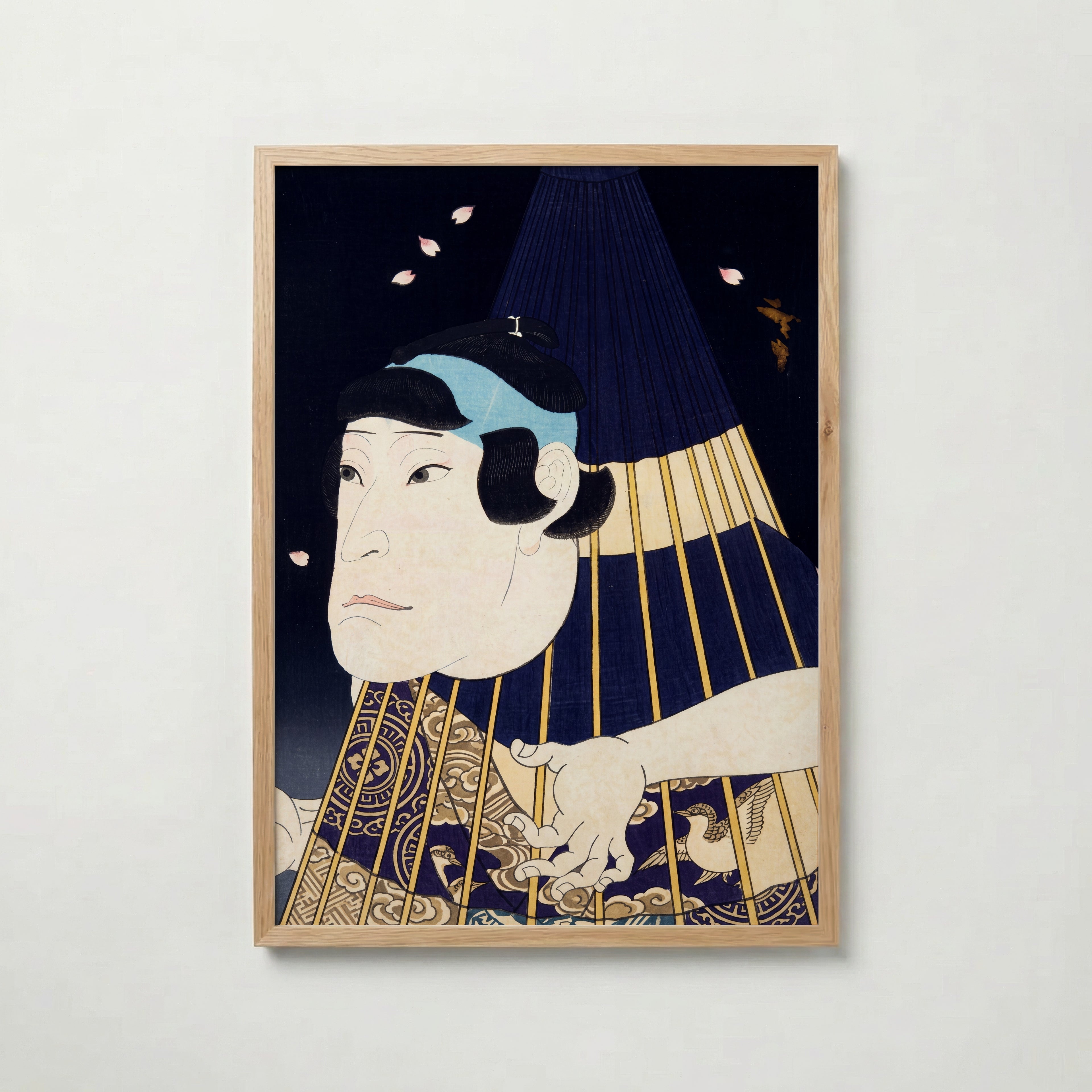 Kabuki Spirit Poster i ekram, ukiyo-e-affisch i indigo och guld, tryckt i Sverige