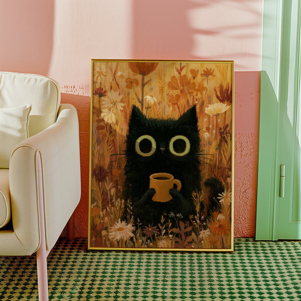Cat in Orange Meadow Poster inramad i inrett rum
