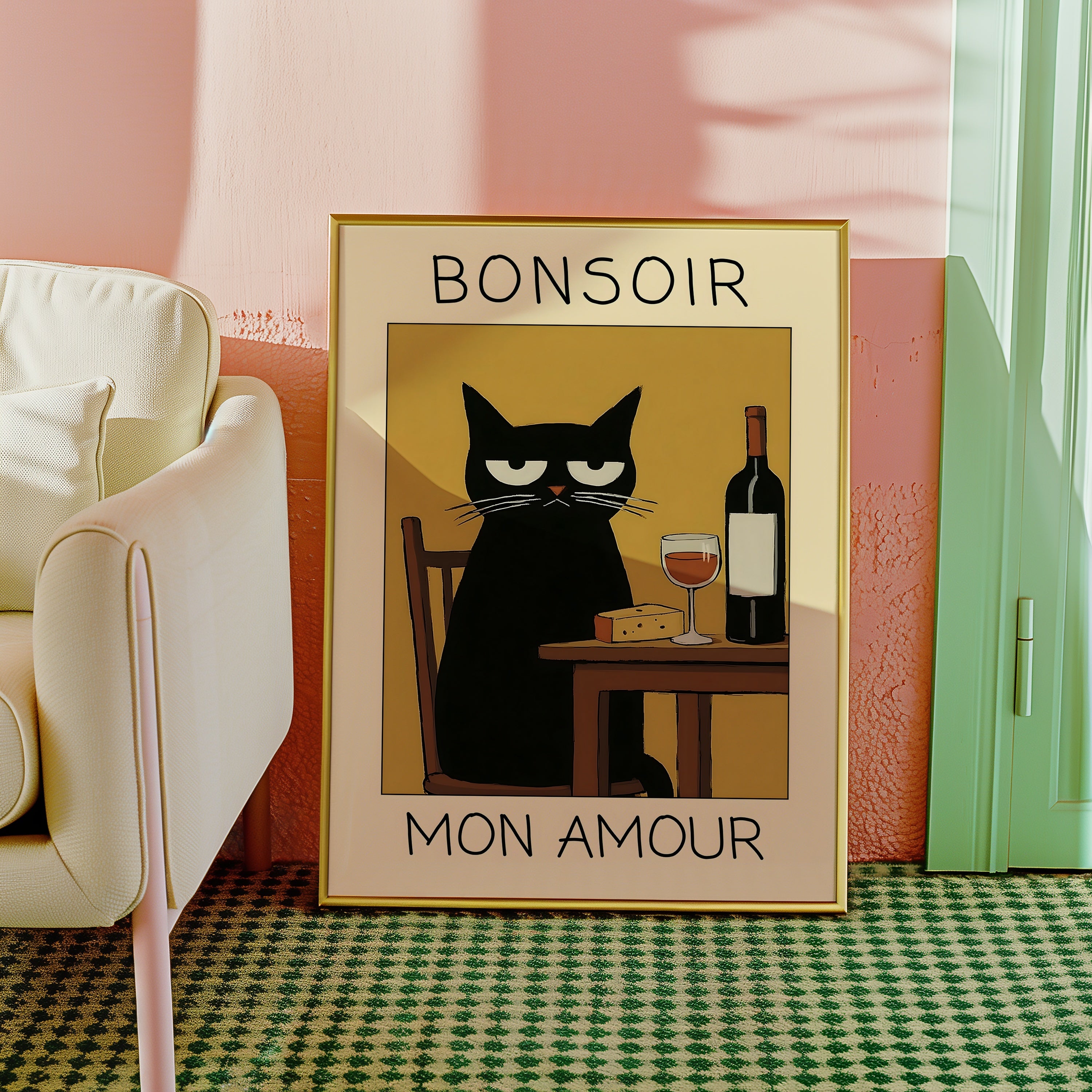 Midnight Wine Cat poster på vägg i inrett rum – Bozetto affisch i hög kvalitet