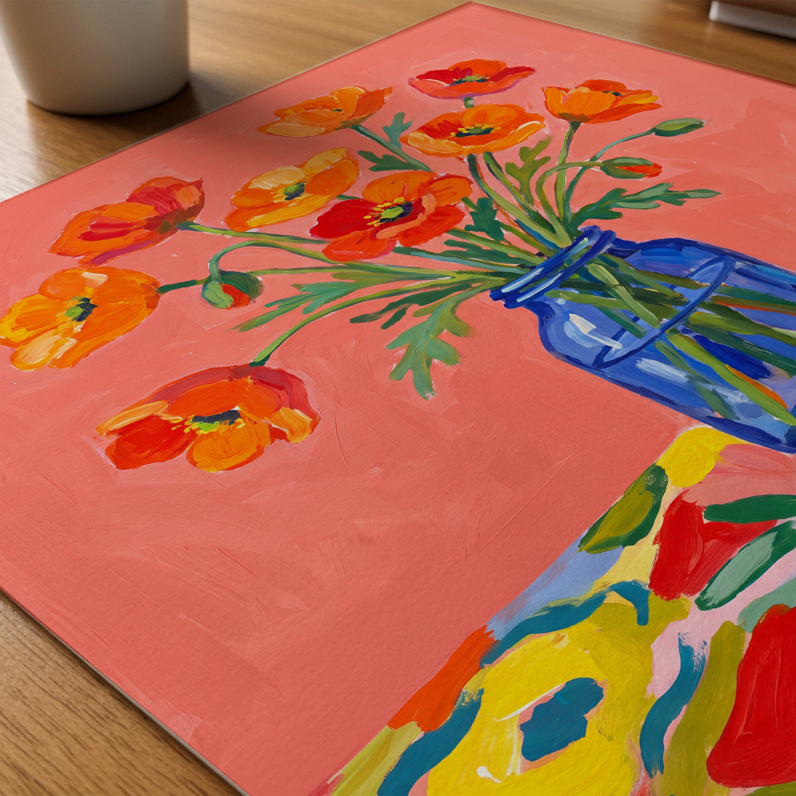 Poppies in Blue Poster – närbild på papper