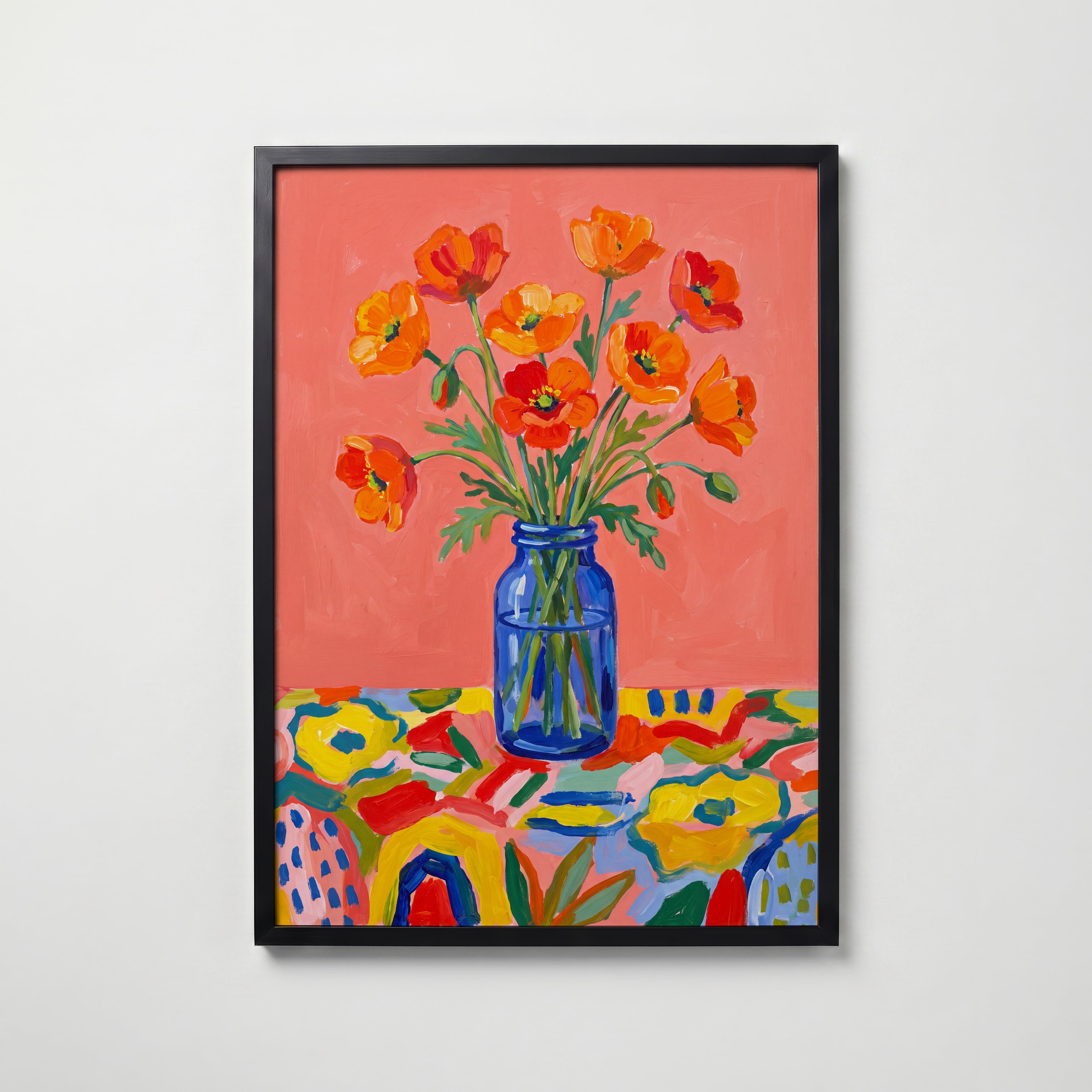 Poppies in Blue Poster – svart ram