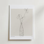 En minimalistisk linjeteckning av blommor i en flaska på en vit bakgrund med en mjuk beige kvadrat. Den eleganta Bloom Against Norms Poster by Bozetto är signerad längst ner till vänster.