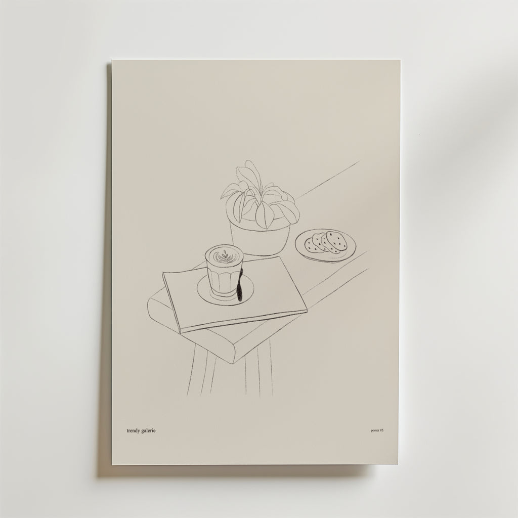 Soft Mornings Poster by Bozetto har en minimalistisk linjeteckning av ett bord med kaffe på en bok, en krukväxt och kakor. Det här eleganta konstverket ger lugn till alla utrymmen med sin ljusa bakgrund.