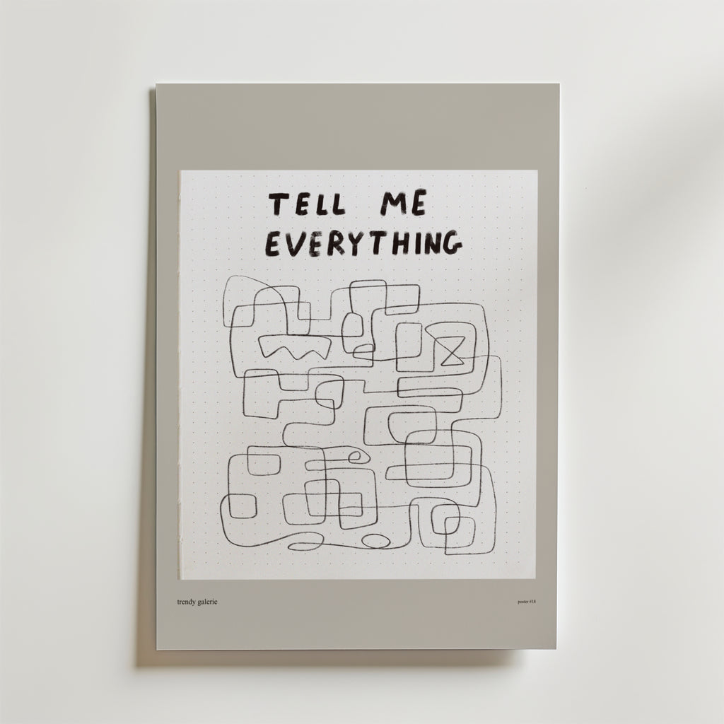 Maze Of Truths Poster by Bozetto har "TELL ME EVERYTHING" i handskriven text, med abstrakta svarta linjer och rektanglar på en vit prickig bakgrund, inramad i ljusgrått, som förkroppsligar ärlighet.