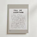 Maze Of Truths Poster by Bozetto har "TELL ME EVERYTHING" i handskriven text, med abstrakta svarta linjer och rektanglar på en vit prickig bakgrund, inramad i ljusgrått, som förkroppsligar ärlighet.