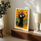 Cat in Sunflower Poster med passepartout i inramad miljö
