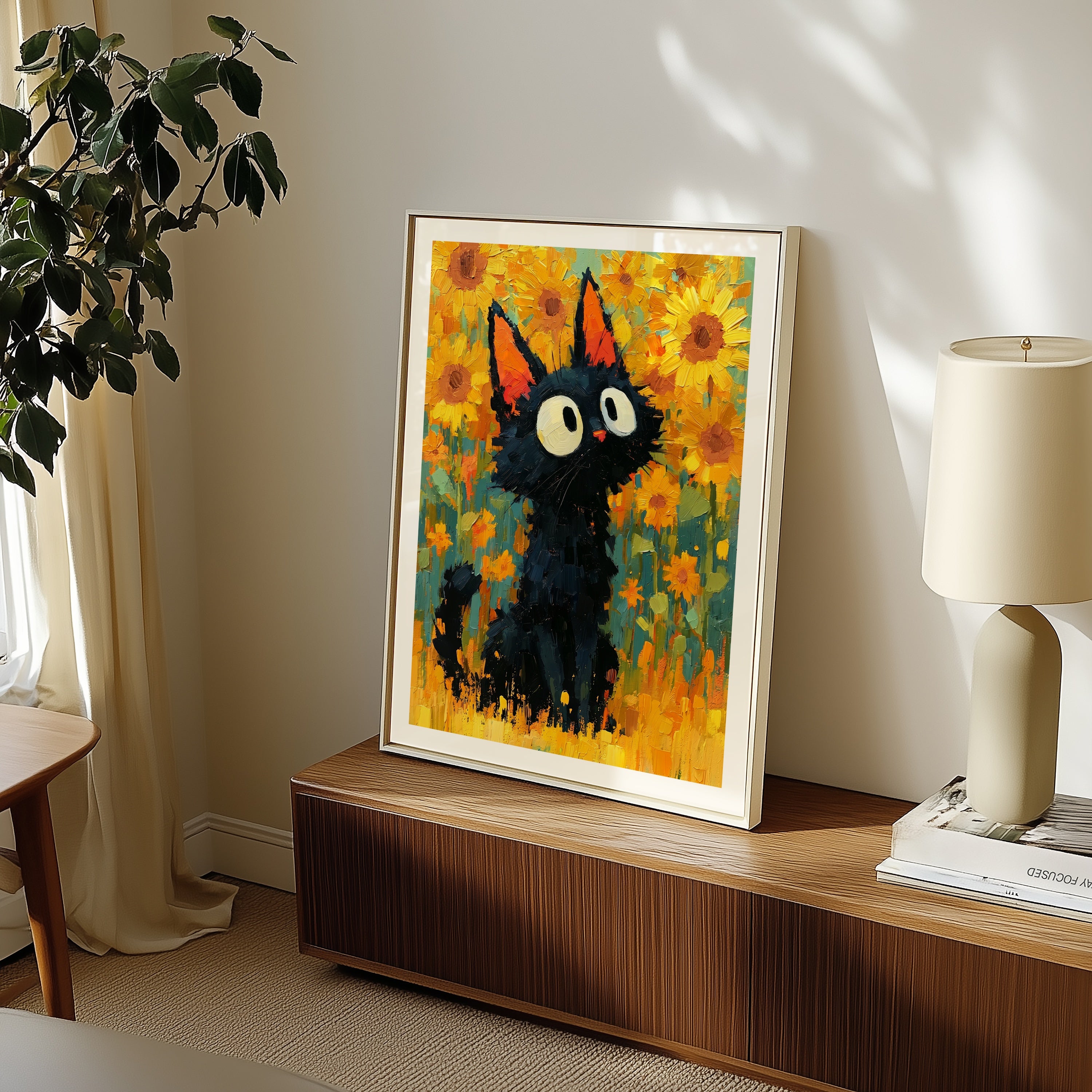 Cat in Sunflower Poster med passepartout i inramad miljö
