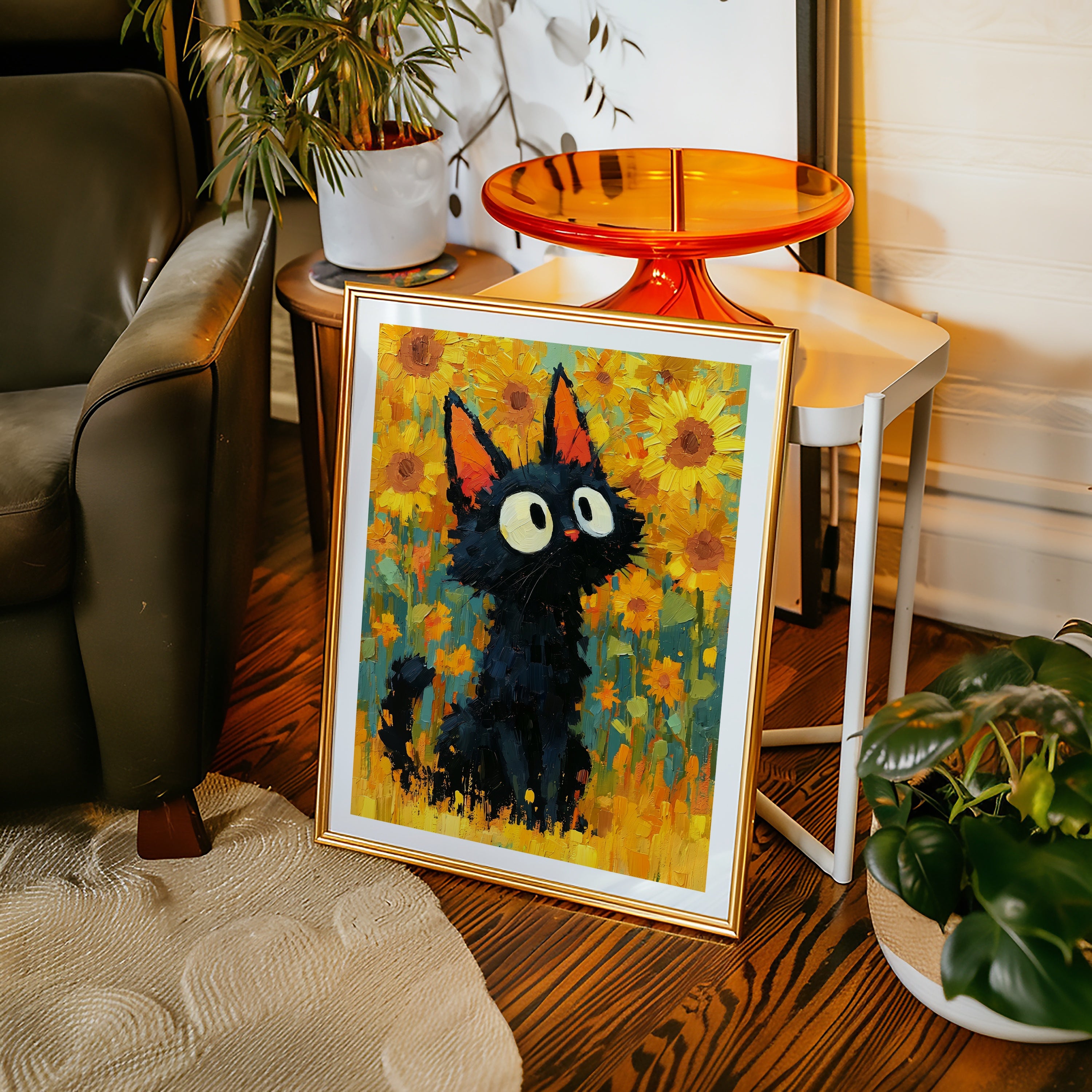 Cat in Sunflower Poster med passepartout på vägg
