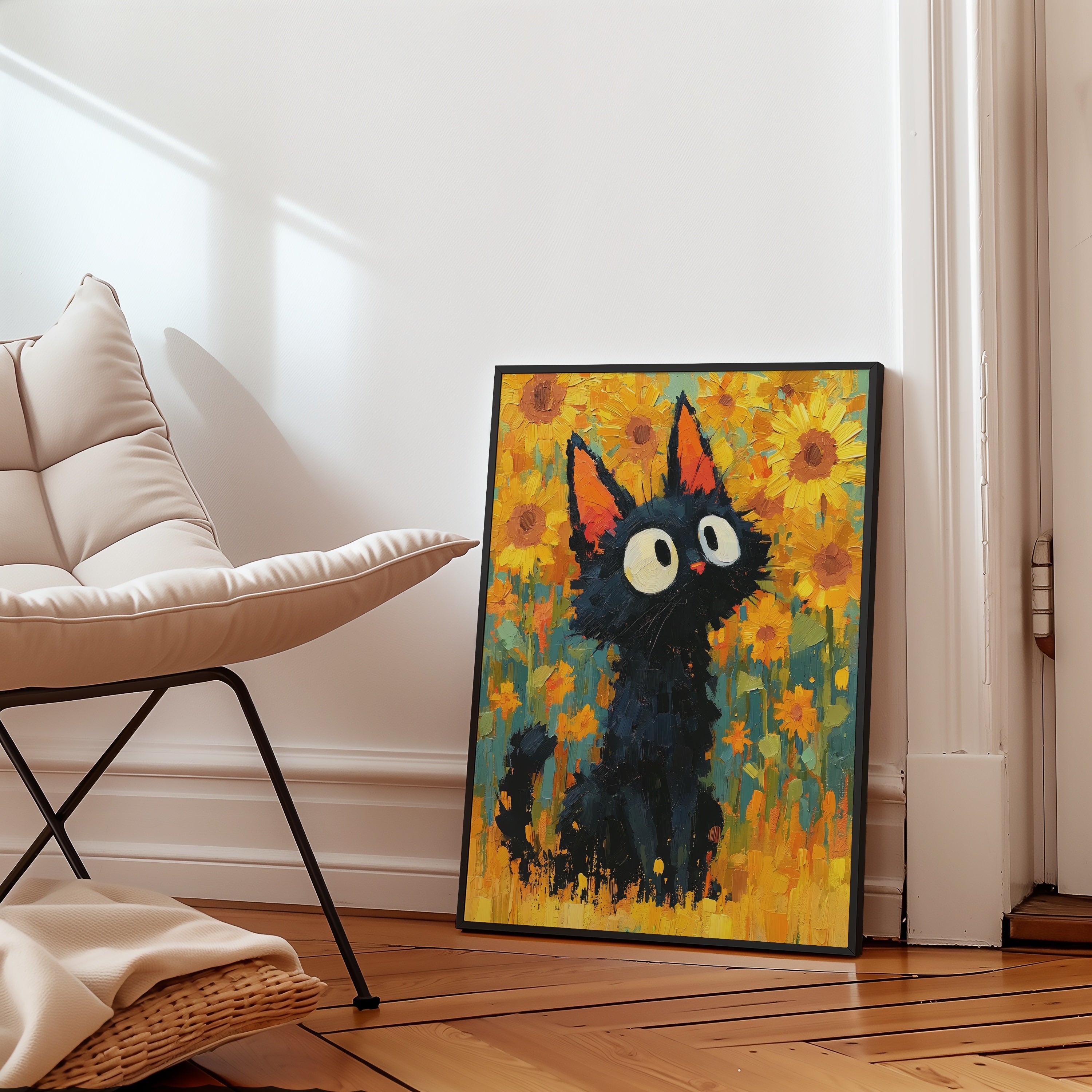 Cat in Sunflower Poster inramad i hemmiljö