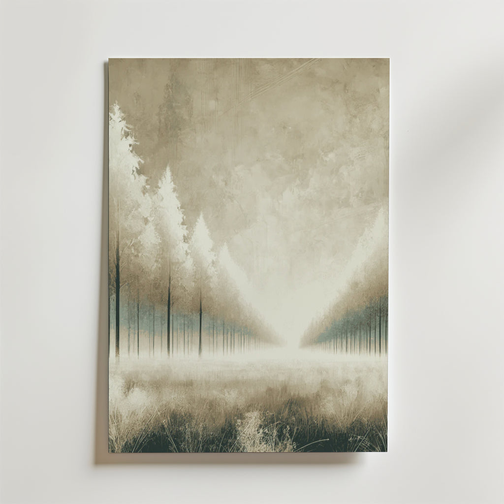 Bozetto Whispers Of The Forest Poster föreställer höga, smala träd som försvinner in i dimman på FSC-certifierat premiumpapper med en lyxigt matt yta, vilket skapar en drömsk och elegant look i mjuka, dämpade toner.
