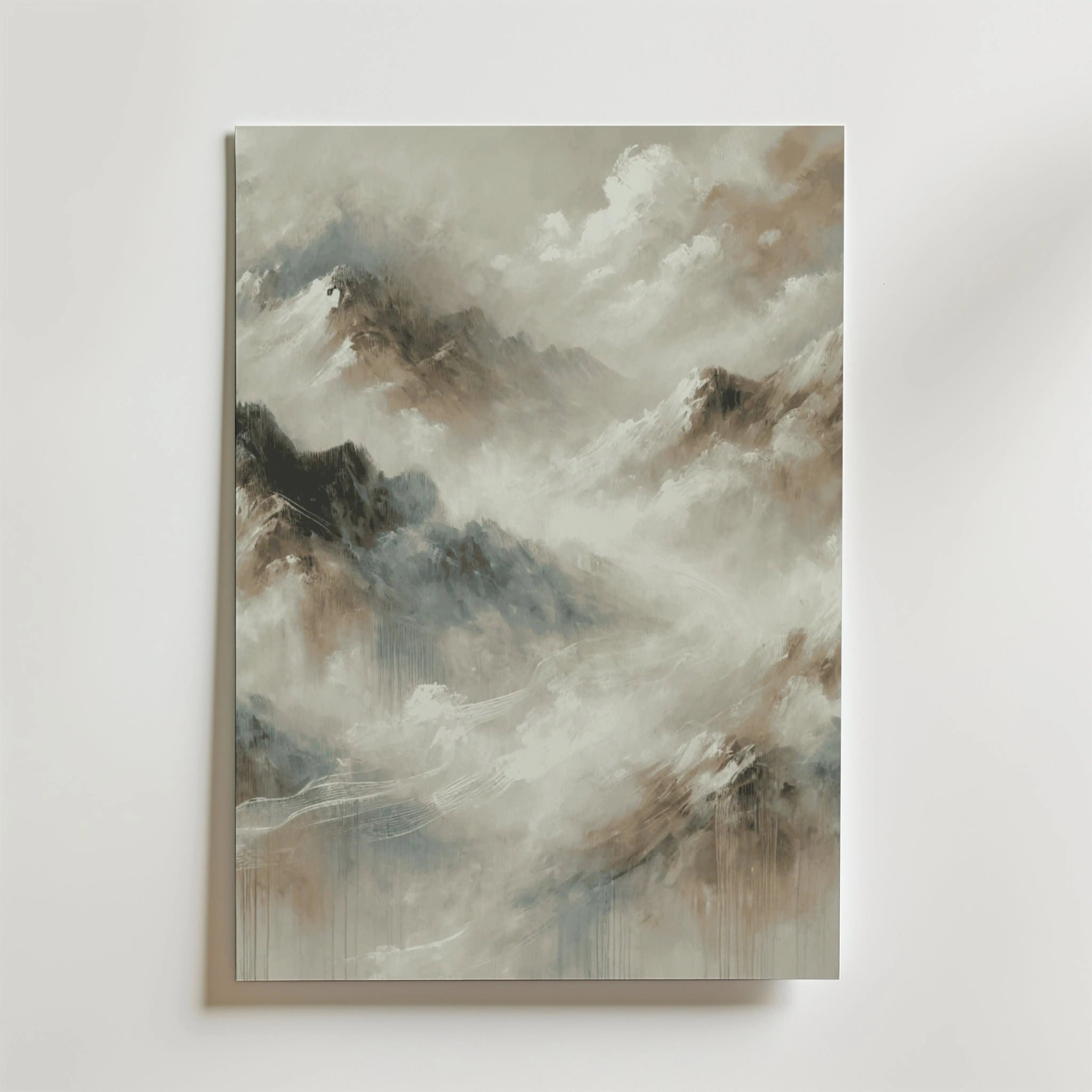 Mountains of Tranquility Poster by Bozetto fångar dimmiga toppar i mjuka nyanser, med virvlande moln för en eterisk look, tryckt på FSC-certifierat premiumpapper för hållbar kvalitet.