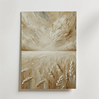 Bozetto Whispers of the Wheat Poster föreställer ett sepiatonat vetefält under en dramatisk molnig himmel, med texturerade penseldrag och vetestjälkar som sträcker sig mot horisonten och skapar en harmonisk atmosfär.