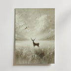 Bozetto Whispering Deer Poster visar en sepiahjort i ett dimmigt landskap på FSC-certifierat premiumpapper med en lyxigt matt yta, vilket skapar en miljövänlig och lugn atmosfär.