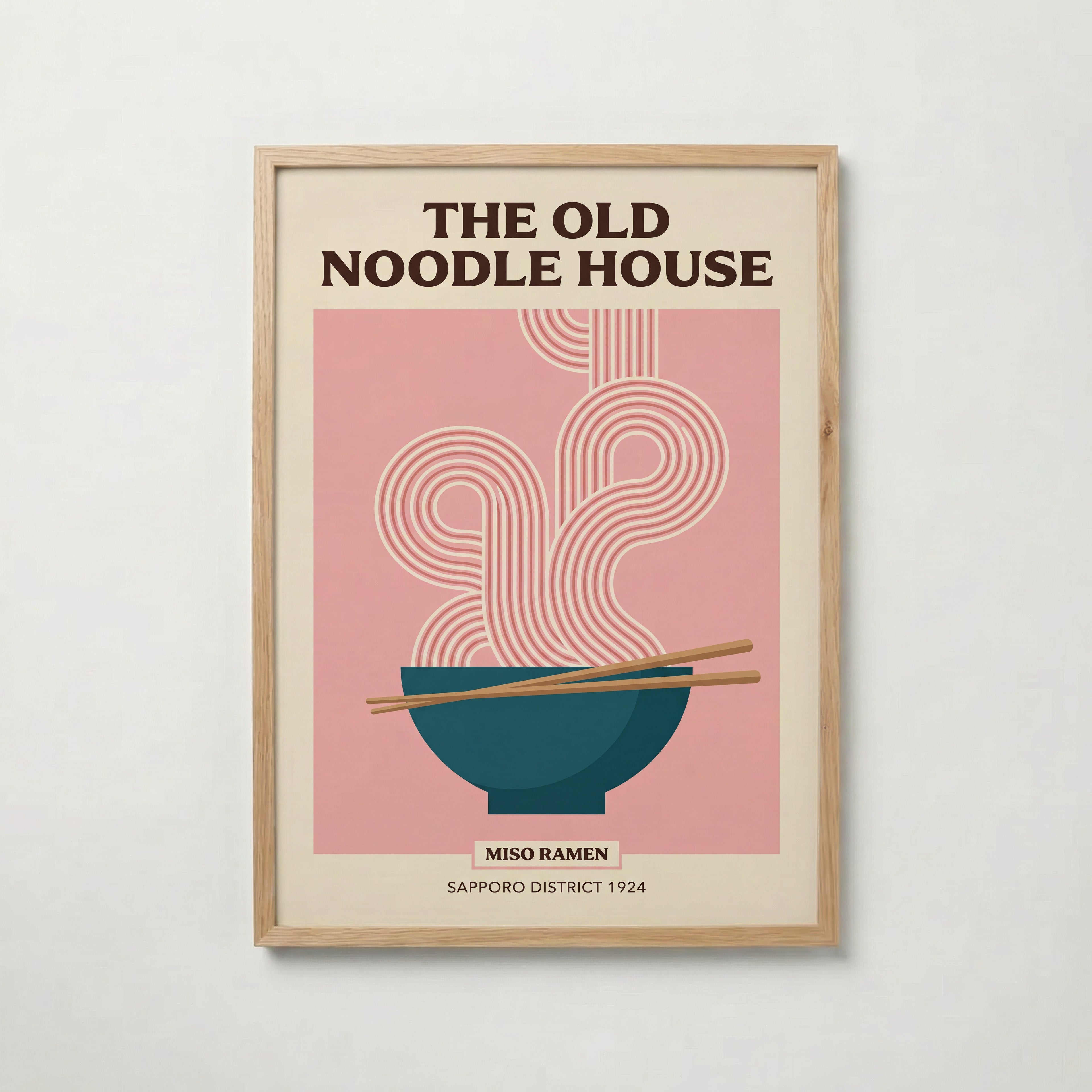 Old Noodle House – affisch i ekram med teal ramenskål, fri frakt över 499 kr.