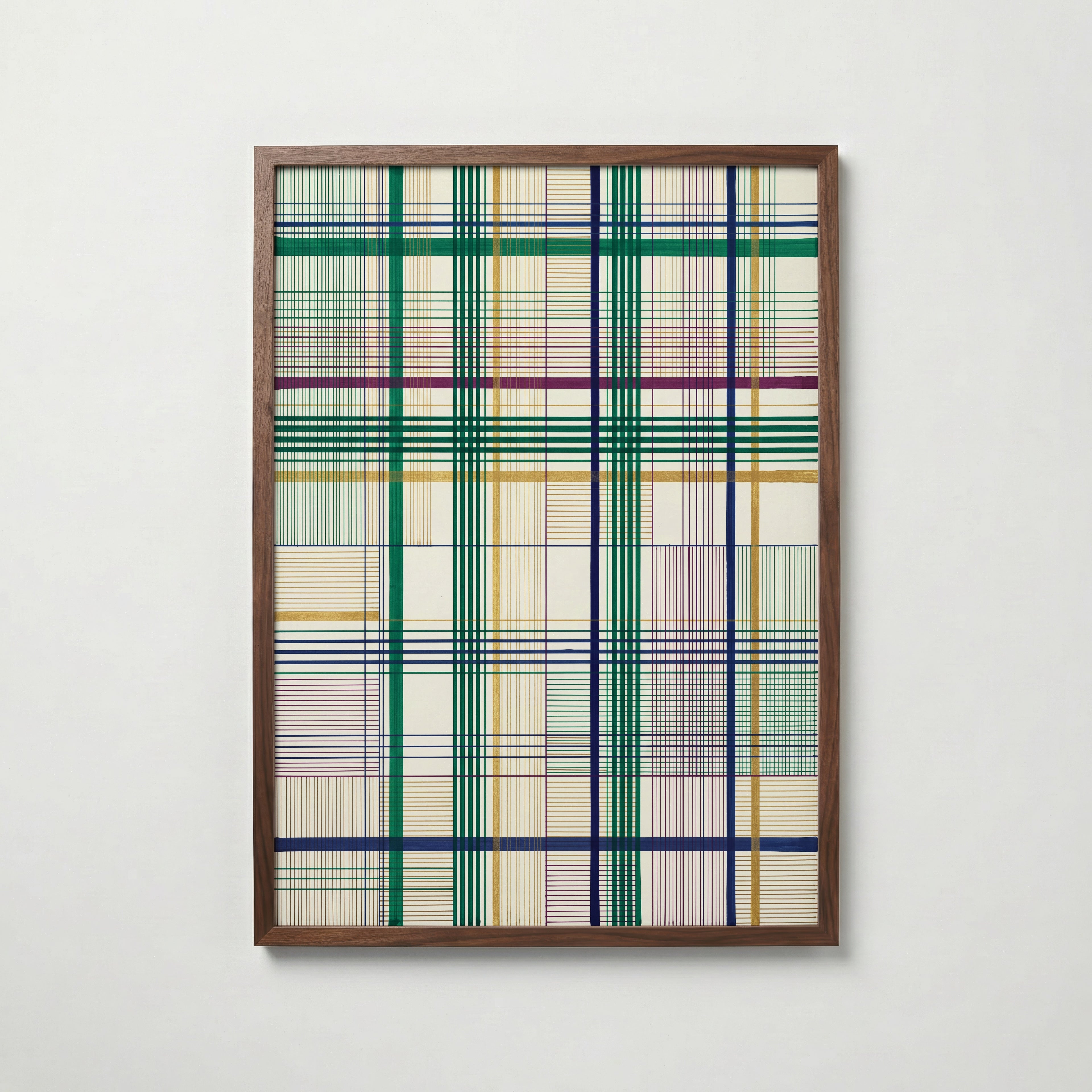 Threaded Grid Poster – fint linjerutnät i smaragd, marinblått, plommon och guld på elfenben i valnötsram, fri frakt över 499 kr