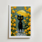 Umbrella Cat in Yellow Garden Poster – med passepartout