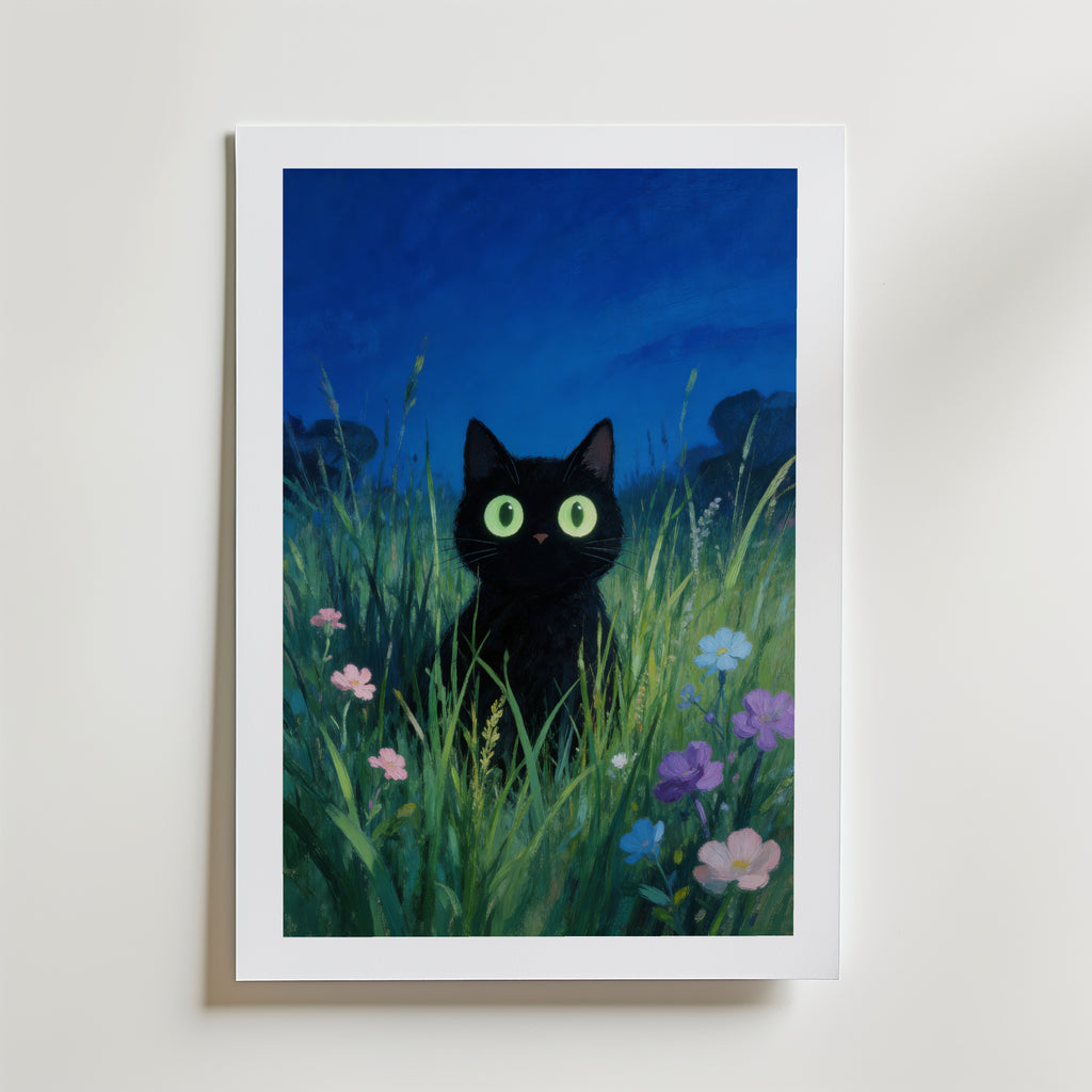 Verdant Night Cat Poster – med passepartout
