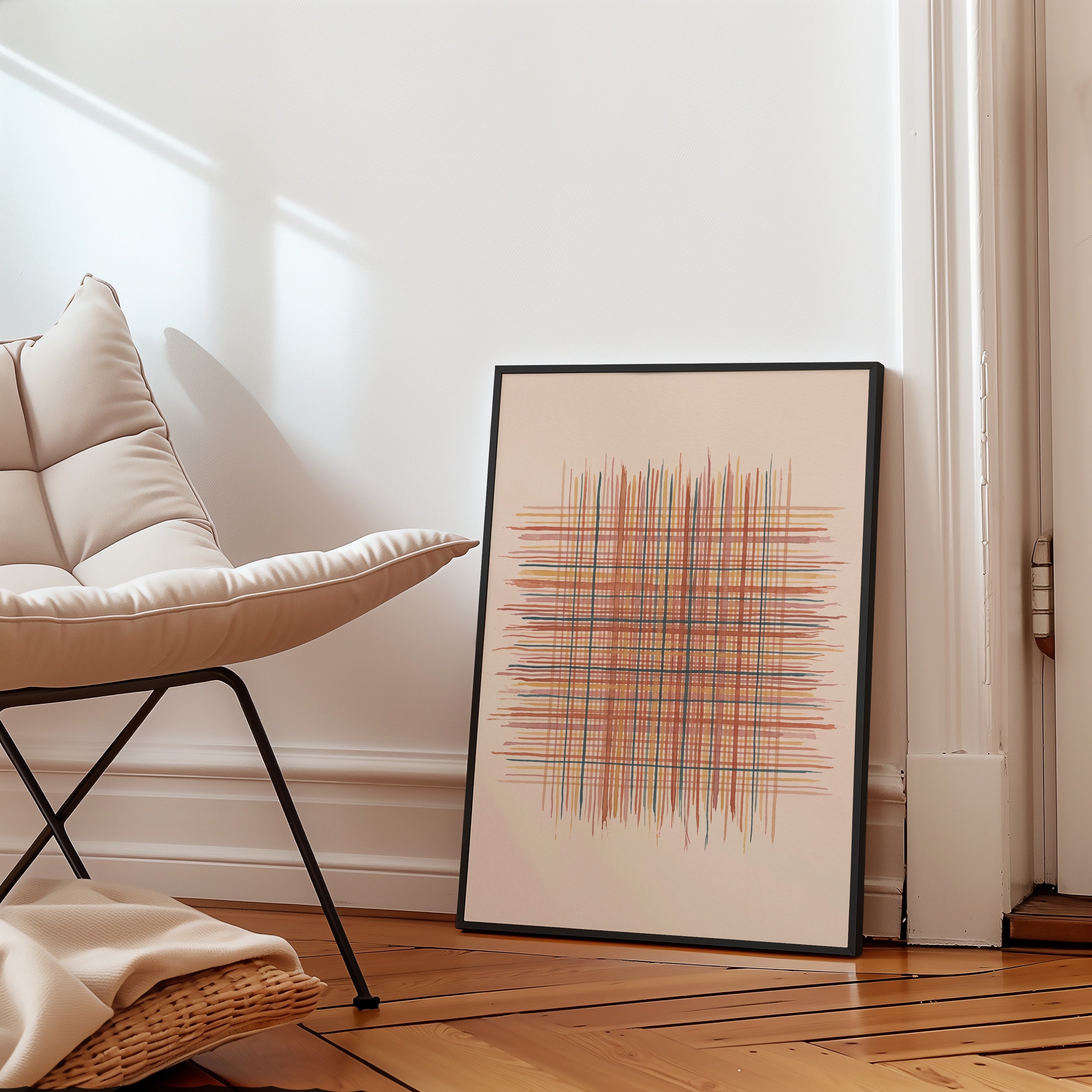 Woven Ember Poster i inramat vardagsrum med varm skandinavisk inredning